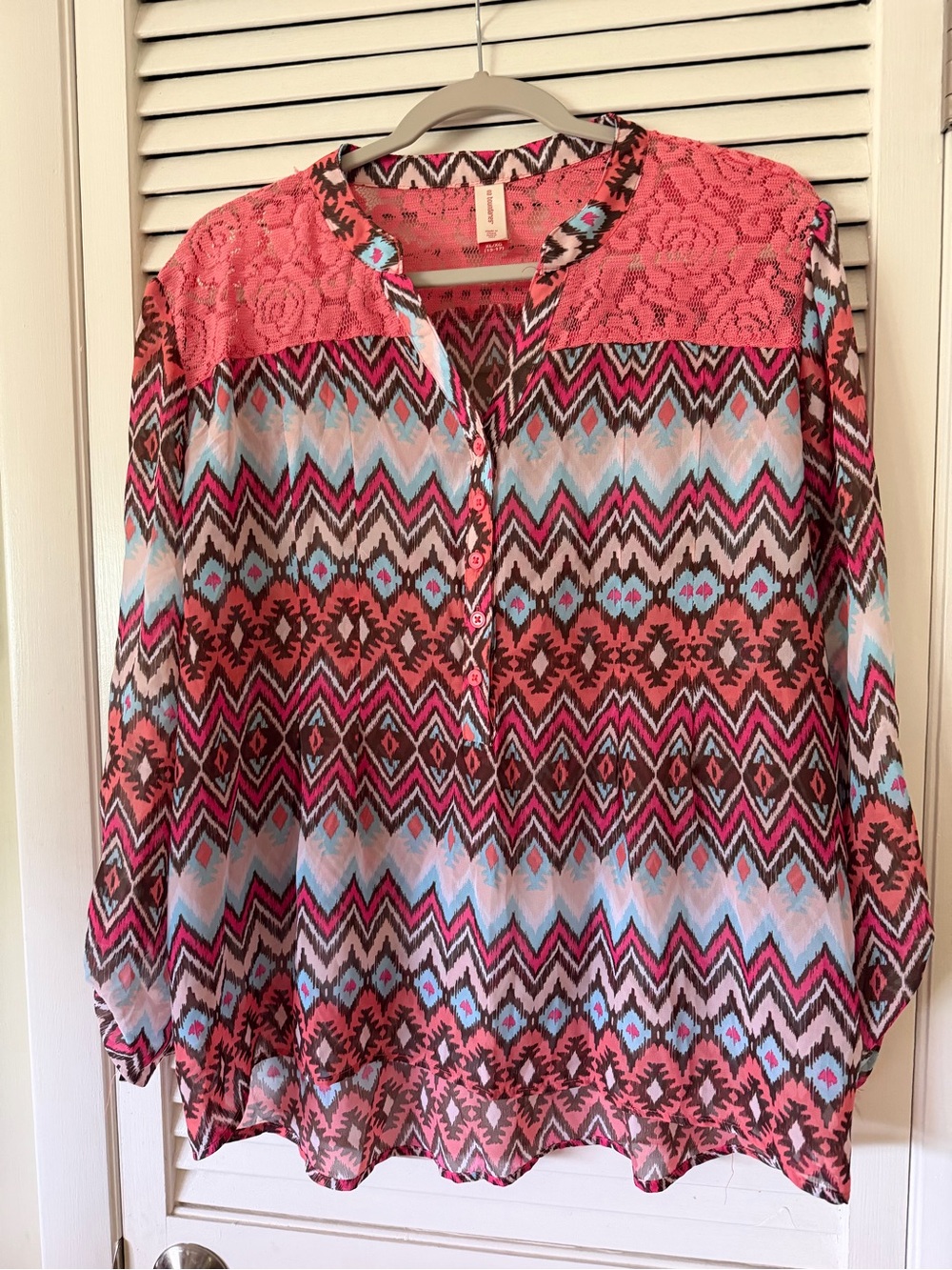 No Boundaries Coral Multi-Print Lace Yoke Button Front Blouse